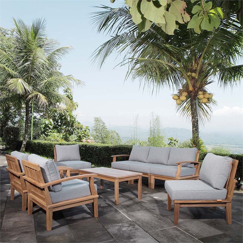 Modway Marina 8-Piece Solid Teak Wood Patio Sofa Set in Natural/Gray