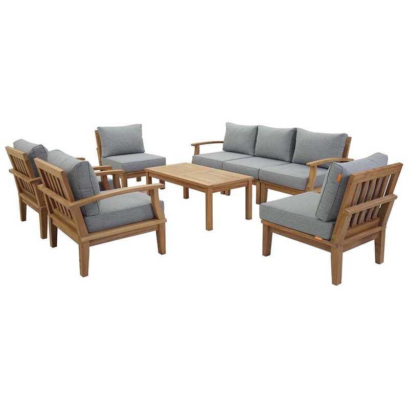 Modway Marina 8-Piece Solid Teak Wood Patio Sofa Set in Natural/Gray