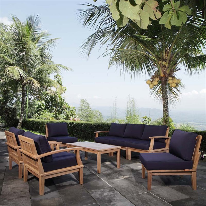 Marina 8 Piece Outdoor Patio Teak Set in Natural Navy