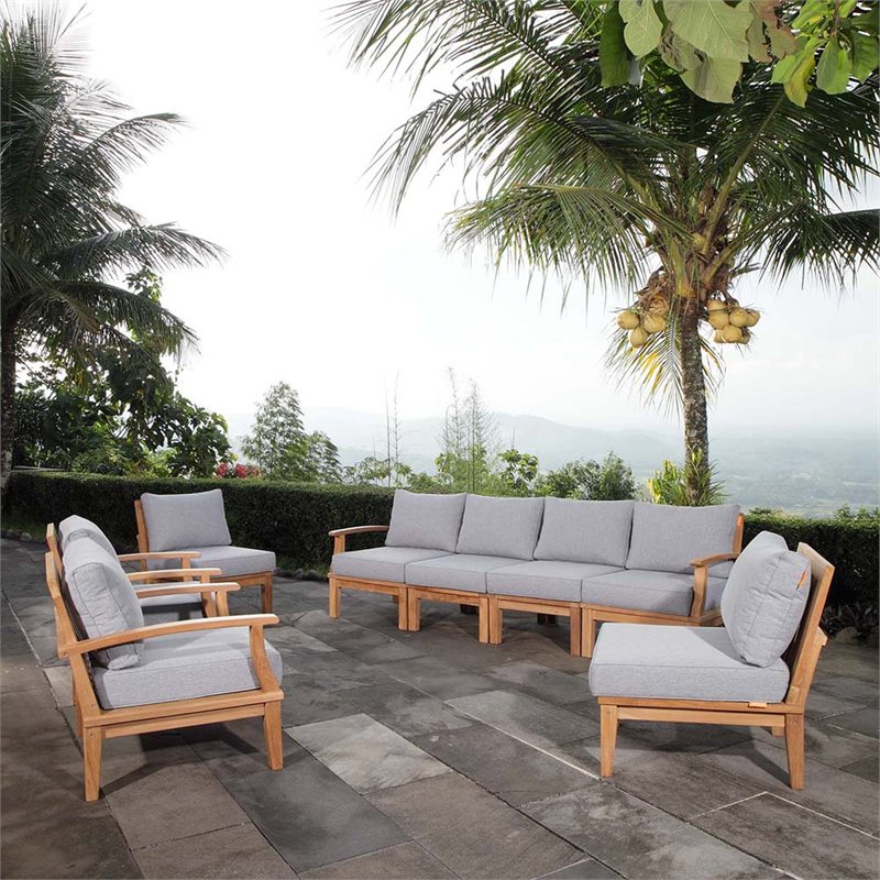 Modway Marina 8-Piece Solid Teak Wood Patio Sofa Set in Natural and Gray