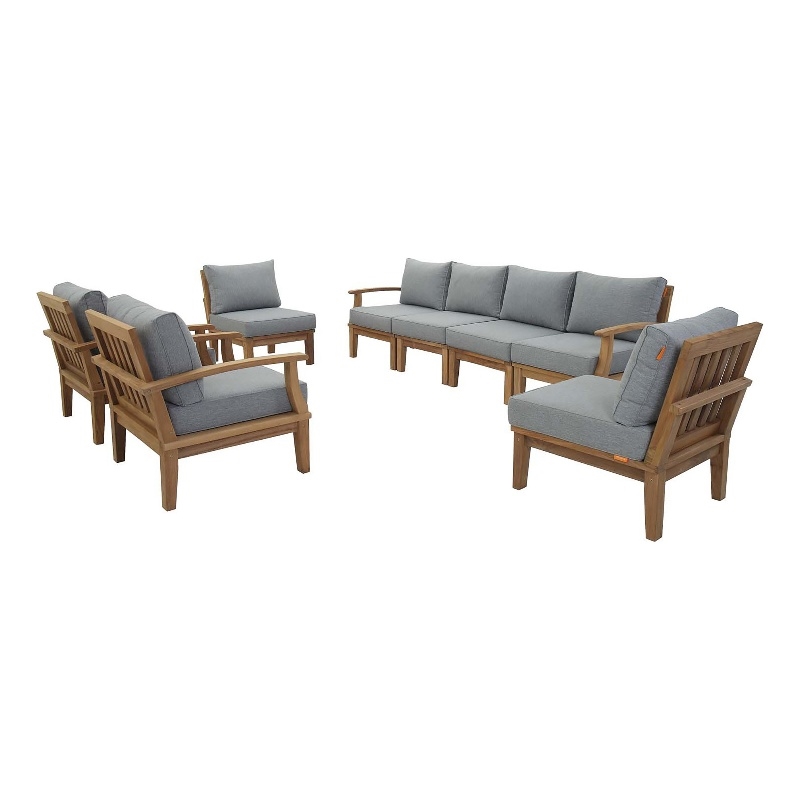 Modway Marina 8-Piece Solid Teak Wood Patio Sofa Set in Natural and Gray