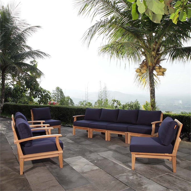 Modway Marina 8-Piece Solid Teak Wood Patio Sofa Set in Natural/Navy