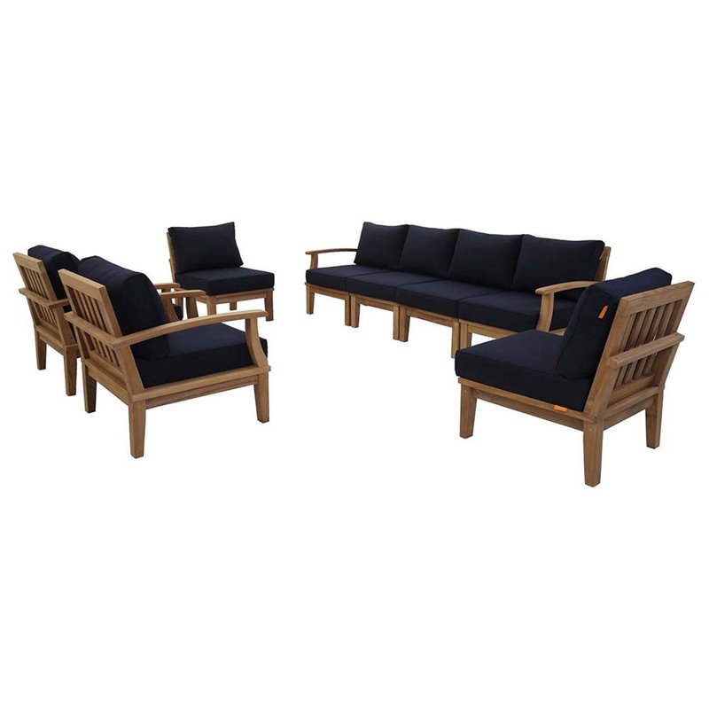 Modway Marina 8-Piece Solid Teak Wood Patio Sofa Set in Natural/Navy