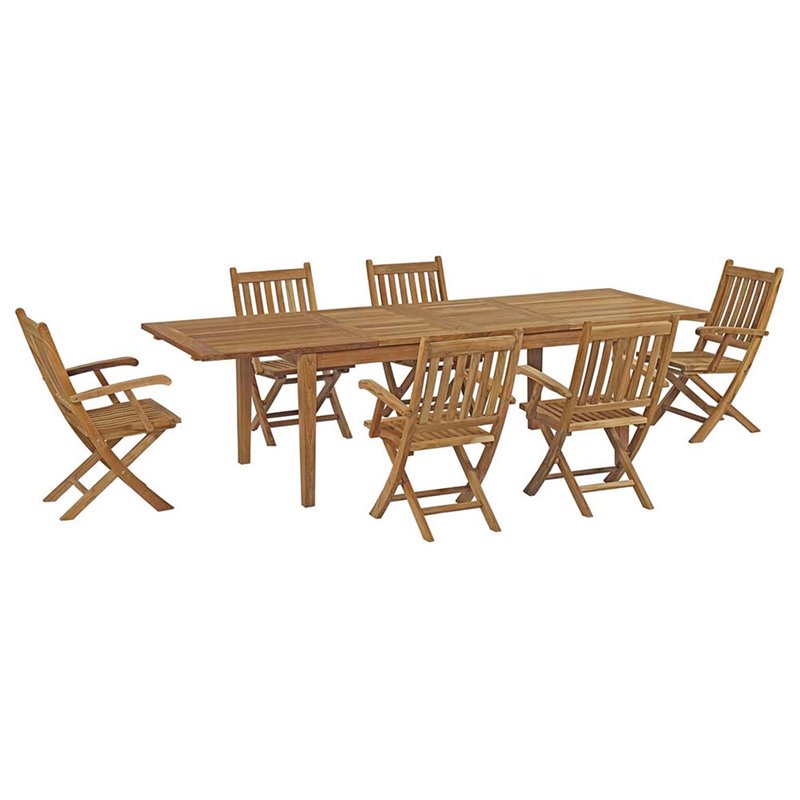 Modway Marina 7-Piece Teak Wood Patio Dining Set with Armchair in Natural
