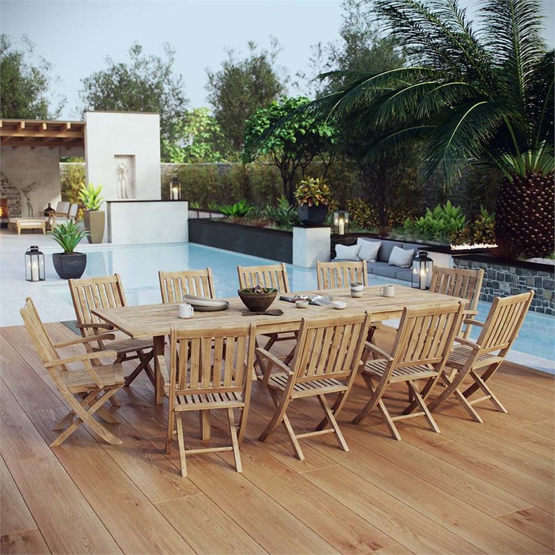 Modway Marina 11-Piece Teak Wood Patio Dining Set with Arm Chair in Natural