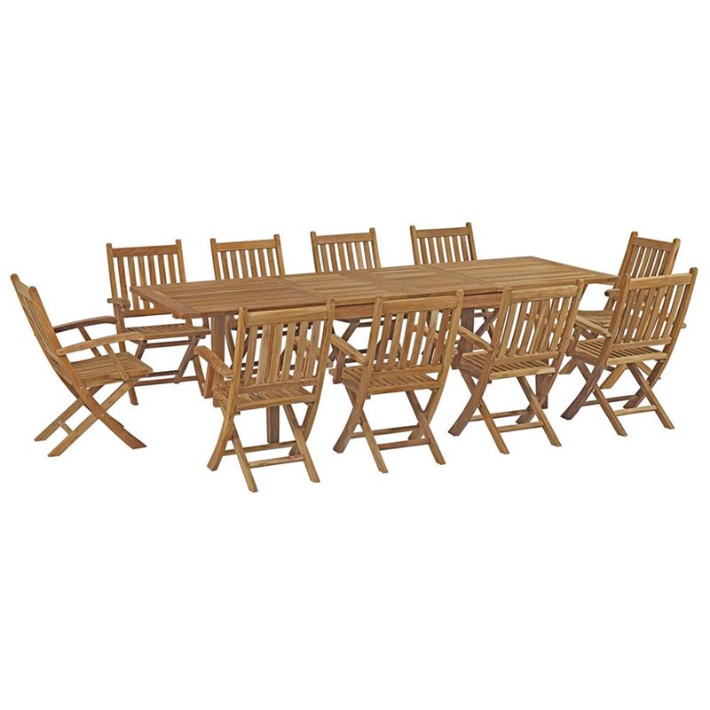 Modway Marina 11-Piece Teak Wood Patio Dining Set with Arm Chair in Natural