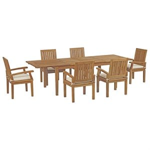 Modway Marina 7-Piece Teak Wood Patio Dining Set in White & Natural
