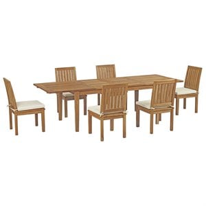 Modway Marina 7-Piece Teak Wood Patio Dining Set in Natural & White