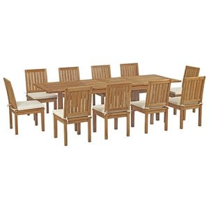 Modway Marina 11-Piece Teak Wood Patio Dining Set in Natural & White