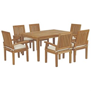 Modway Marina 7-Piece Solid Teak Wood Patio Dining Set in Natural/White