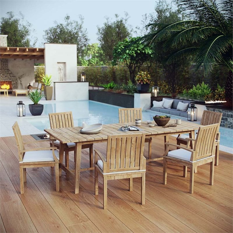 Modway Marina 7 Piece Outdoor Patio Teak Dining Set in Natural White
