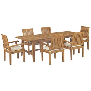 Modway Marina 7 Piece Outdoor Patio Teak Dining Set in Natural White