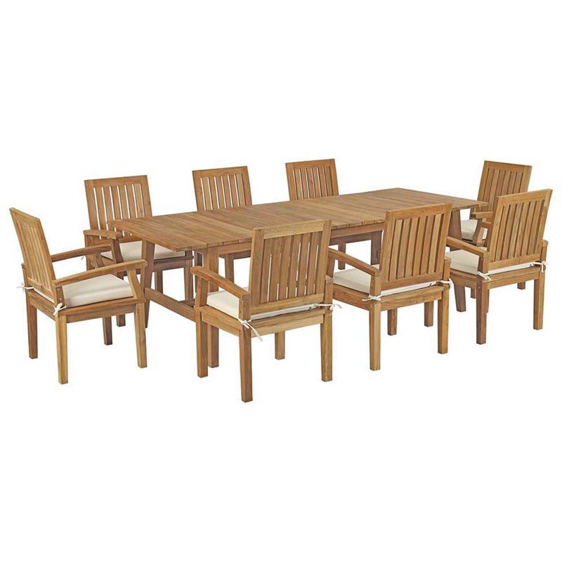 Modway Marina 9 Piece Outdoor Patio Teak Dining Set in Natural White