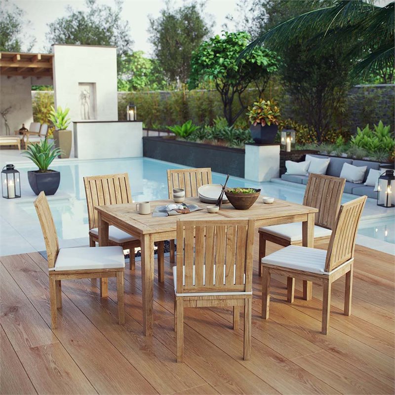 Modway Marina 7-Piece Solid Teak Wood Patio Dining Set in Natural & White