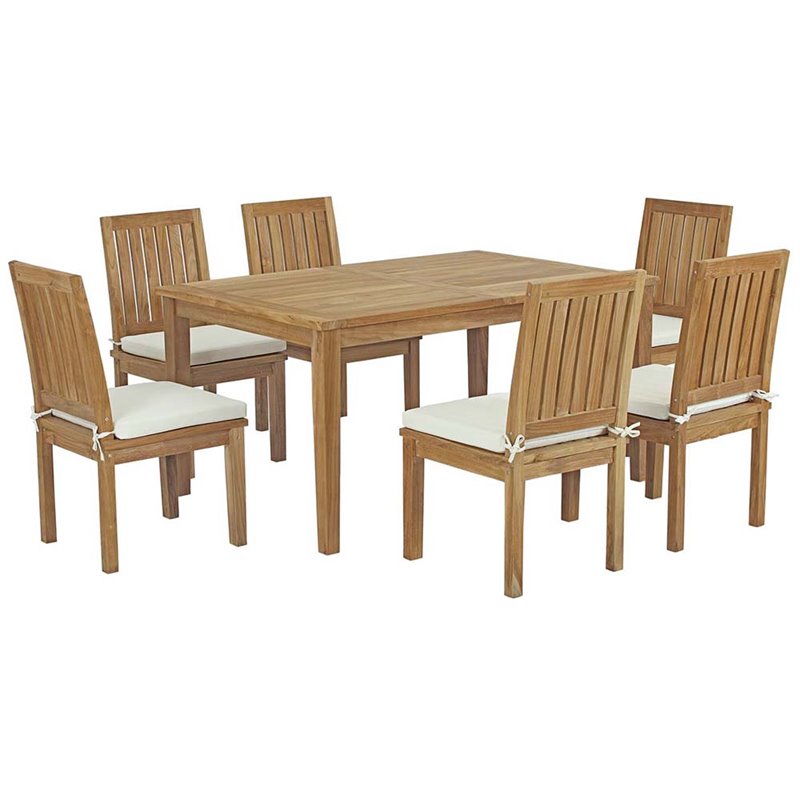 Modway Marina 7-Piece Solid Teak Wood Patio Dining Set in Natural & White
