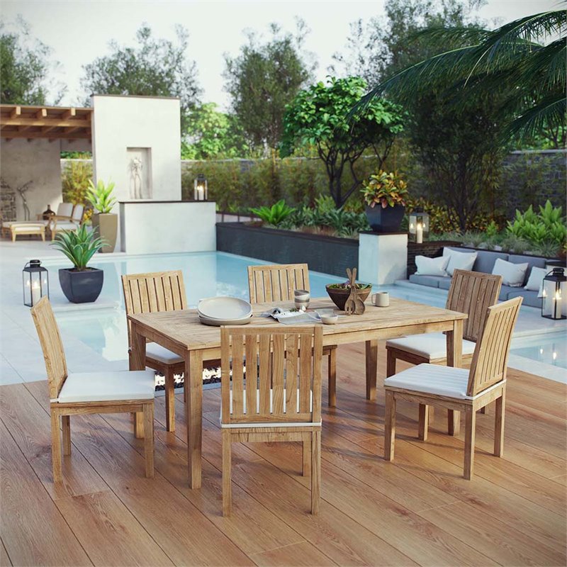 Modway Marina 7-Piece Solid Teak Wood Patio Dining Set in Natural and White