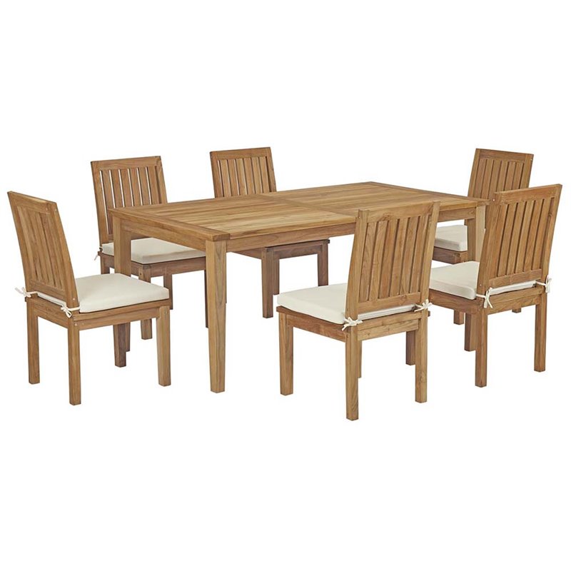 Modway Marina 7-Piece Solid Teak Wood Patio Dining Set in Natural and White