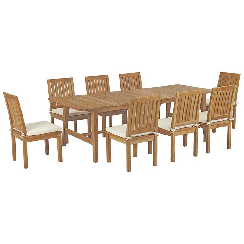 Modway Marina 9 Piece Outdoor Patio Teak Dining Set in Natural White