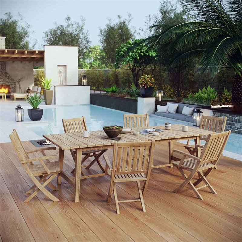 Modway Marina 7 Piece Outdoor Patio Teak Dining Set in Natural
