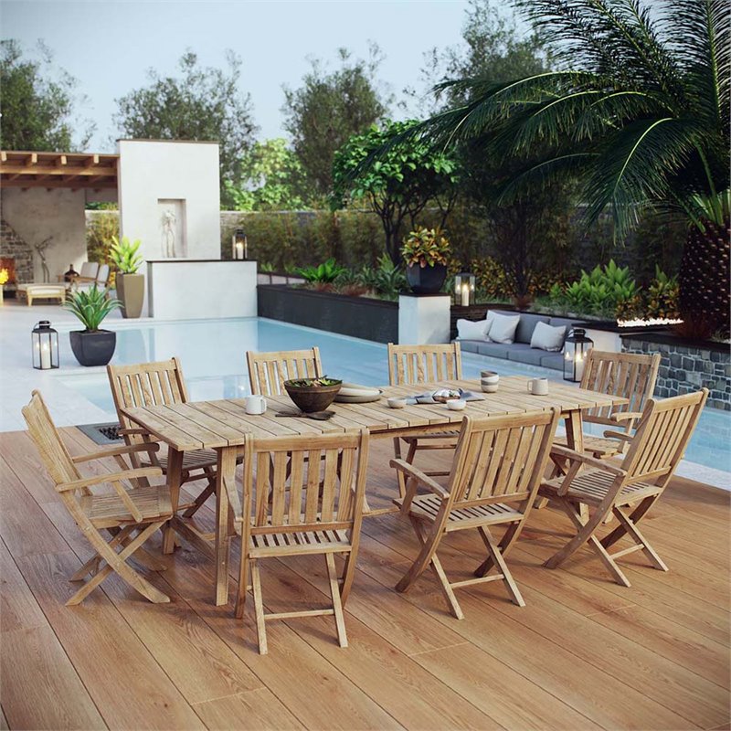 Modway Marina 9 Piece Outdoor Patio Teak Dining Set in Natural