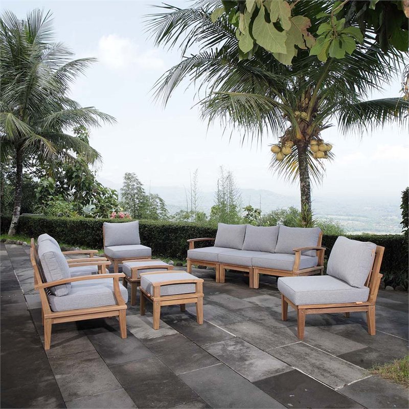 Marina Outdoor Patio Teak Ottoman in Natural Gray