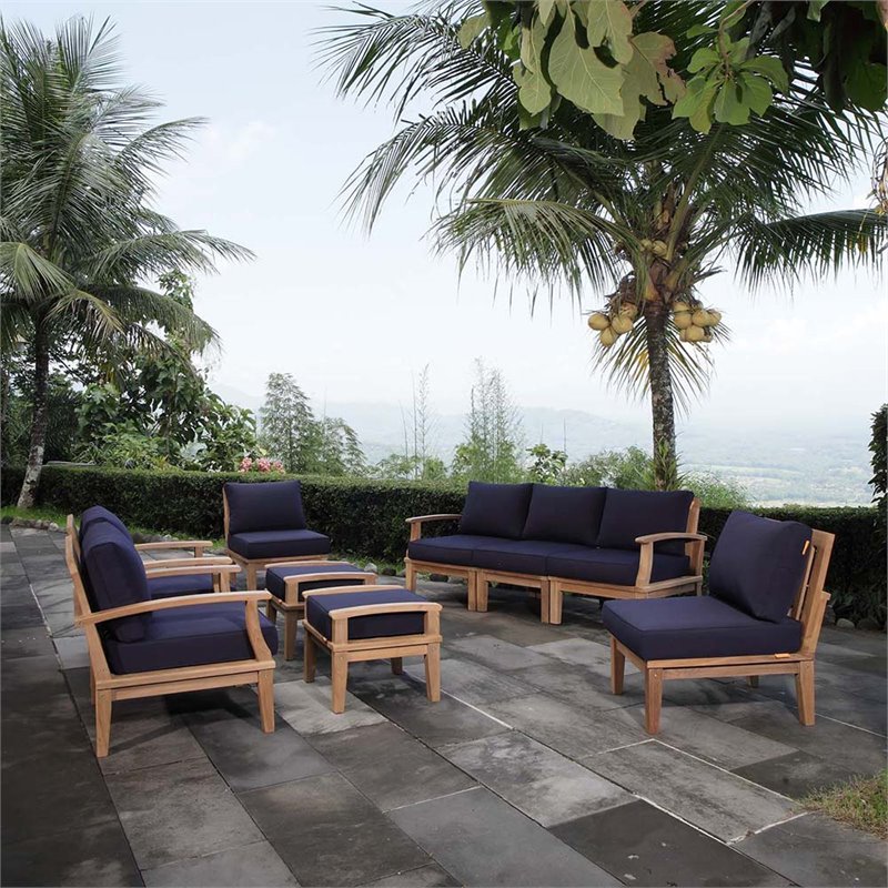 Marina Outdoor Patio Teak Ottoman in Natural Navy