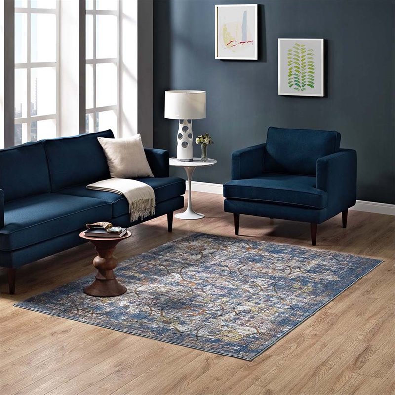 Modway Minu 4' x 6' Floral Lattice Area Rug in Blue and Gray