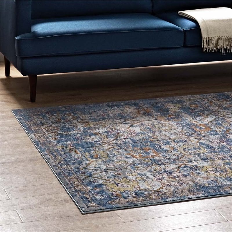 Modway Minu 4' x 6' Floral Lattice Area Rug in Blue and Gray