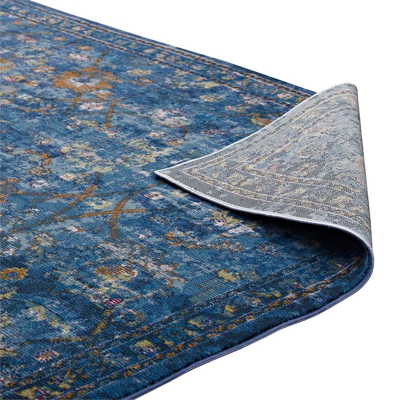 Modway Minu 4' x 6' Floral Lattice Area Rug in Dark Blue and Yellow
