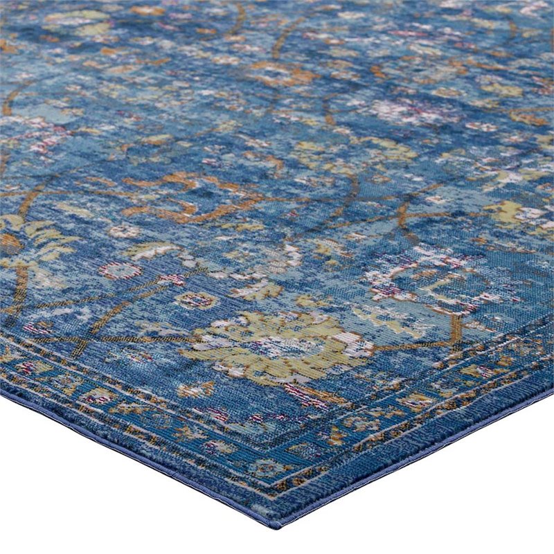 Modway Minu 4' x 6' Floral Lattice Area Rug in Dark Blue and Yellow