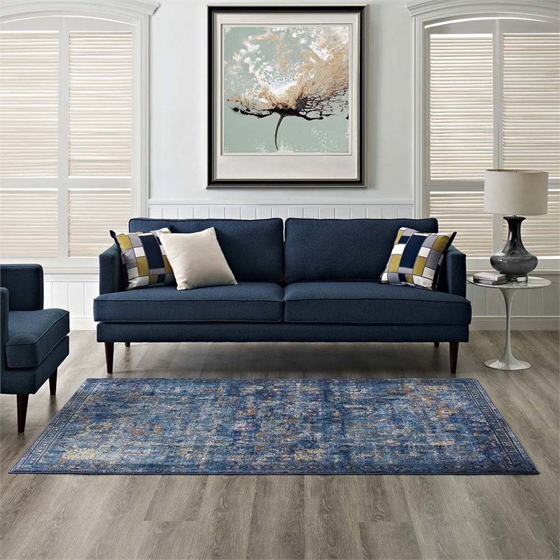 Modway Minu 4' x 6' Floral Lattice Area Rug in Dark Blue and Yellow