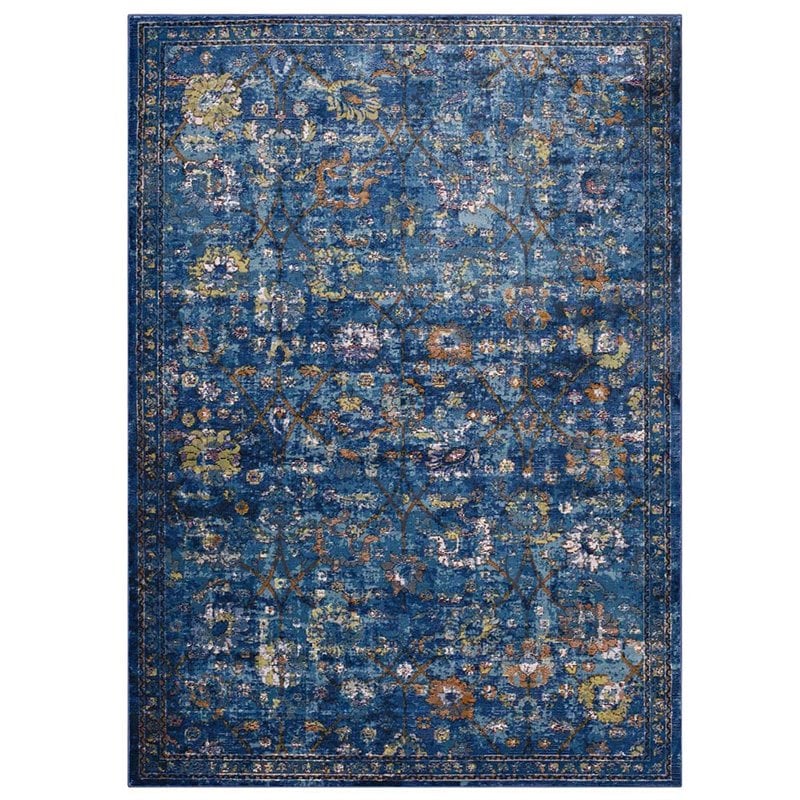 Modway Minu 4' x 6' Floral Lattice Area Rug in Dark Blue and Yellow