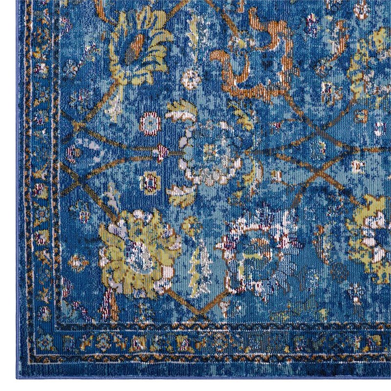 Modway Minu 5' x 8' Floral Lattice Area Rug in Dark Blue and Yellow