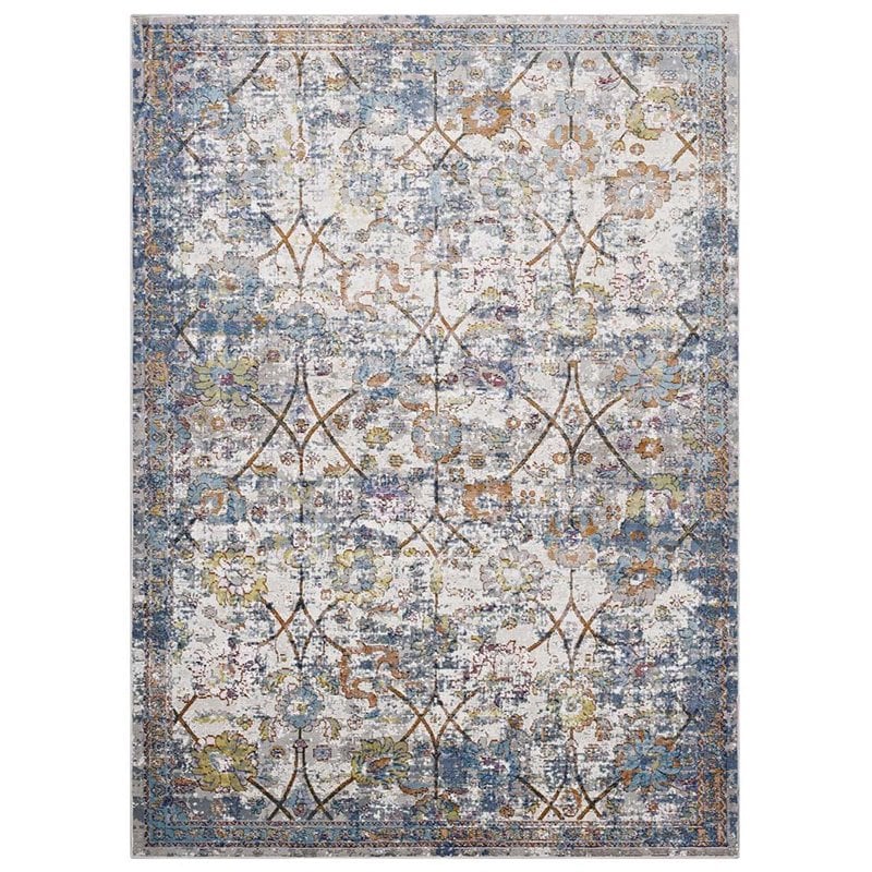 Modway Minu 4' x 6' Floral Lattice Area Rug in Light Blue and Yellow
