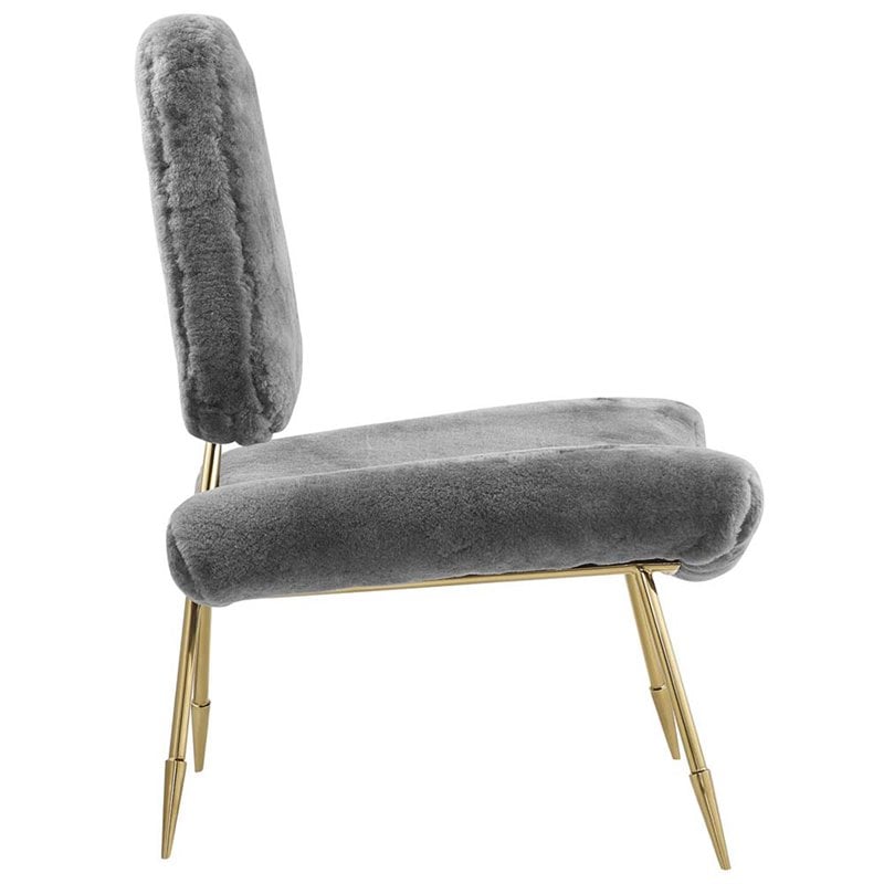 Modway Ponder Sheepskin Fur & Stainless Steel Lounge Chair in Gray and Gold
