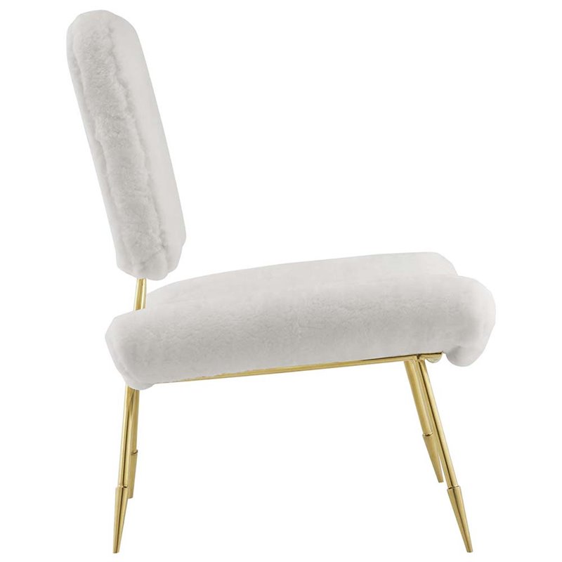 Modway Ponder Sheepskin Fur & Stainless Steel Lounge Chair in White and Gold