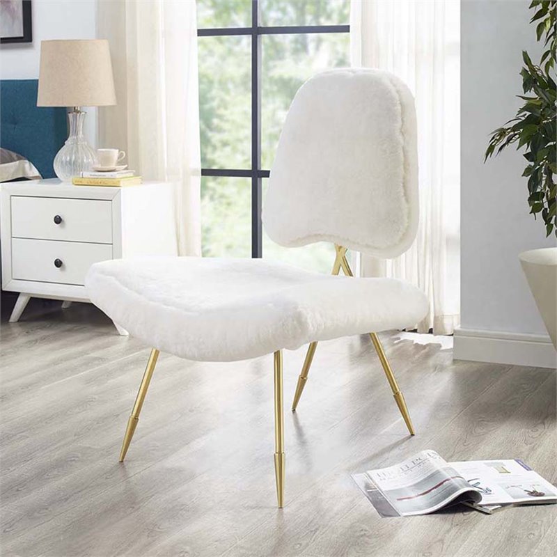 Modway Ponder Sheepskin Fur & Stainless Steel Lounge Chair in White and Gold