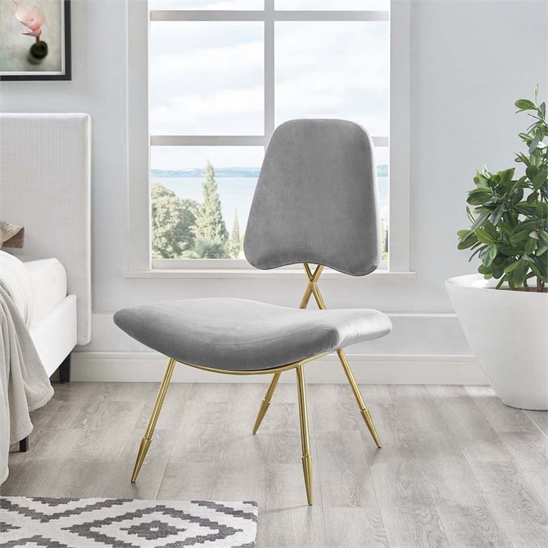 Modway Ponder Performance Velvet Lounge Chair in Gray and Gold