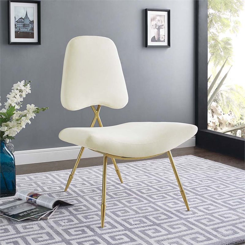 Modway Ponder Performance Velvet Lounge Chair in Ivory and Gold