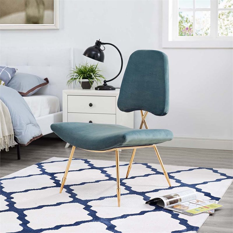 Modway Ponder Performance Velvet Lounge Chair in Sea Blue and Gold
