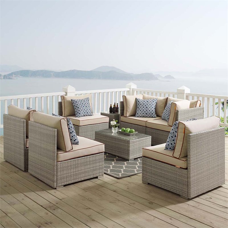 Modway Repose Rattan & Fabric Patio Armless Chair in Light Gray and Beige