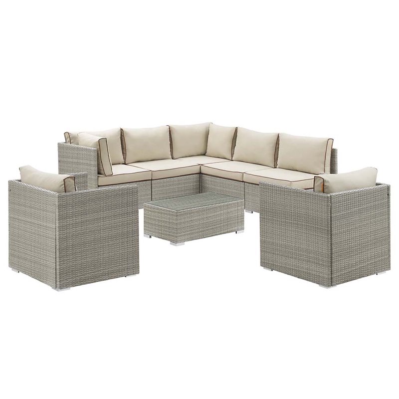 Modway Repose 8 Piece Patio Sectional Set in Light Gray and Beige