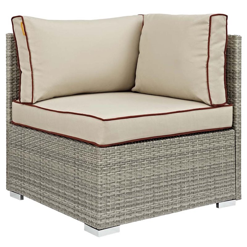 Modway Repose Rattan & Fabric Patio Corner Chair in Light Gray and Beige