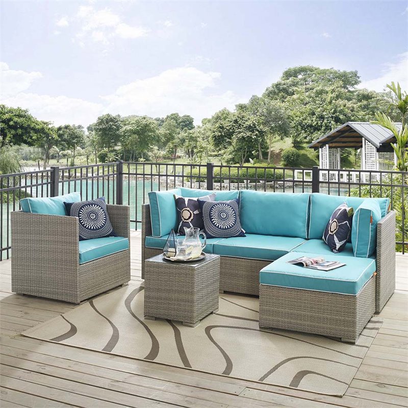Modway Repose Rattan & Fabric Patio Corner Chair in Light Gray and Turquoise