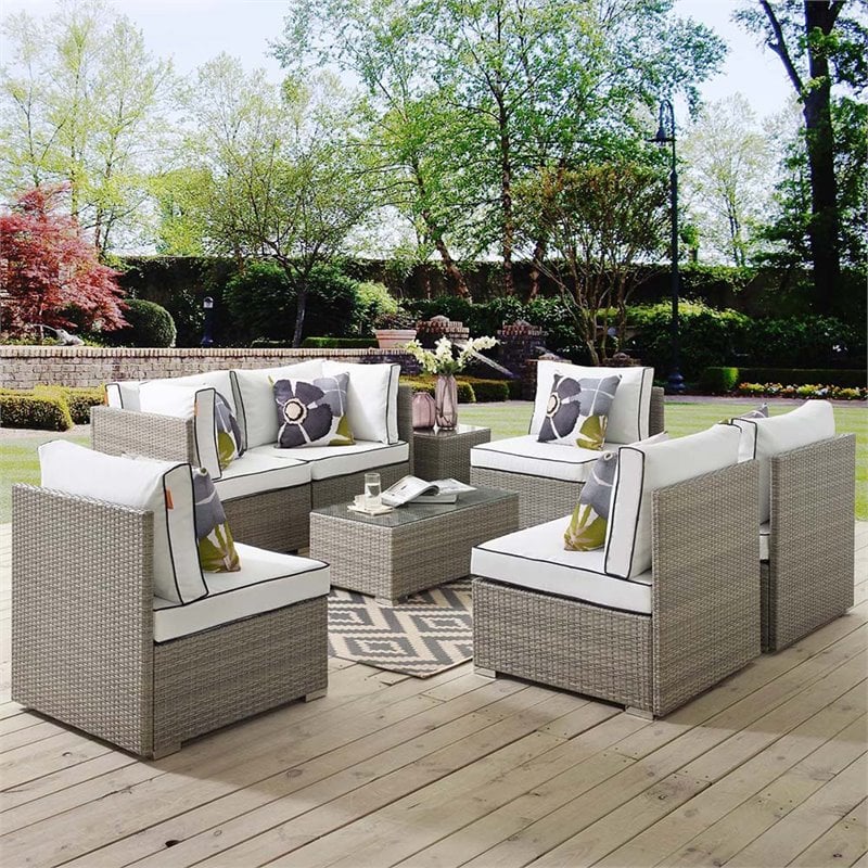 Modway Repose Rattan & Fabric Patio Corner Chair in Light Gray and White