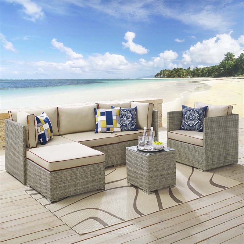 Modway Repose Rattan & Fabric Patio Arm Chair in Light Gray and Beige