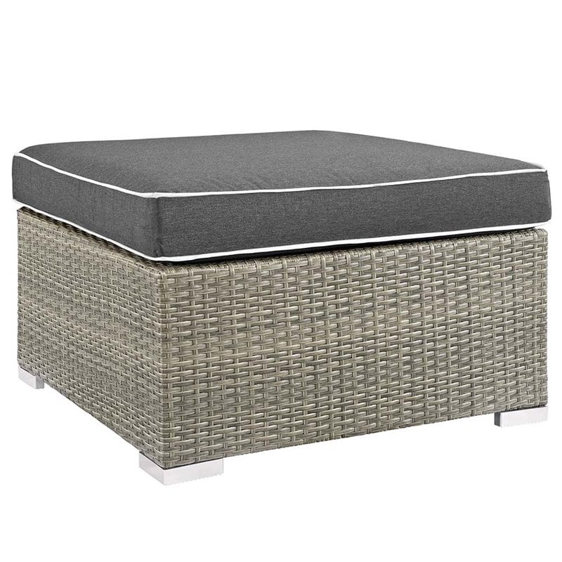 Modway Repose Rattan & Fabric Patio Ottoman in Light Gray and Charcoal