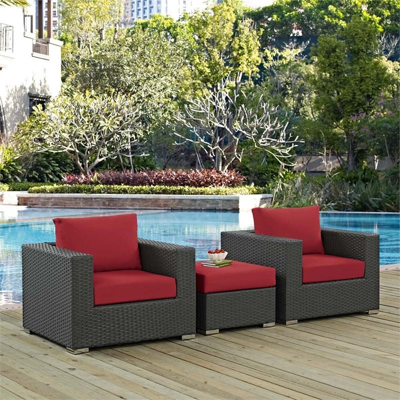 Modway Sojourn 3-Piece Aluminum and Rattan Patio Sectional Set in Canvas/Red