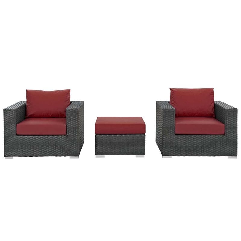 Modway Sojourn 3-Piece Aluminum and Rattan Patio Sectional Set in Canvas/Red