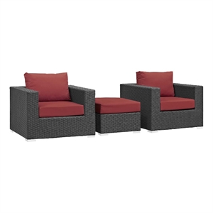 modway sojourn 3-piece aluminum and rattan patio sectional set in canvas/red
